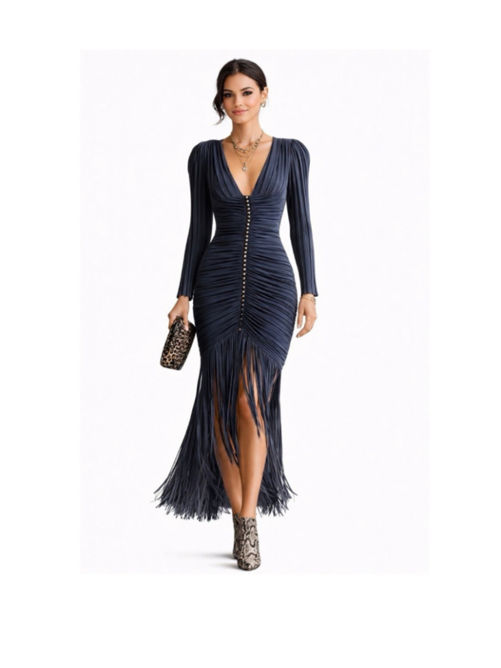 NWT Yohers Pure Grace Navy Blue Ruched V-Neck Fringe Hem Bodycon Dress
